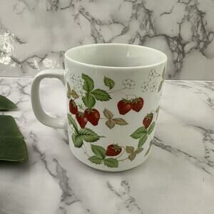 Vintage 80s Strawberry Coffee Mug White Red Floral Japan Fruit Kitchen Cottage